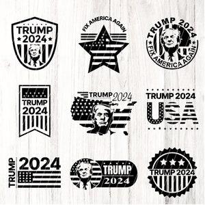 May include: Nine black and white designs featuring the text "Trump 2024" with various American flag and star imagery.