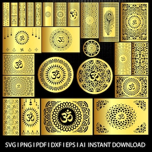 May include: A collection of gold-colored laser cut designs featuring the Om symbol and intricate patterns. The designs include rectangular panels, circular mandalas, and decorative elements. The image also includes the text "SVG | PNG | PDF | DXF | EPS | AI | INSTANT DOWNLOAD."