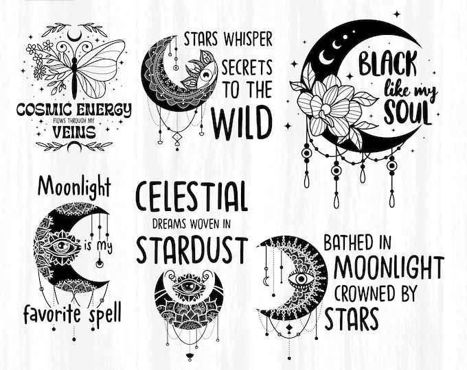 Celestial Moon Quotes SVG Bundle: Mystical butterfly Clipart, Digital Download