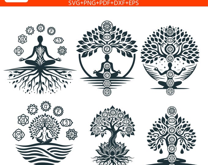 7 Chakras tree yoga SVG Bundle | Chakra yoga Symbols for Cricut, Silhouette, Laser Cutting & Vinyl Crafts