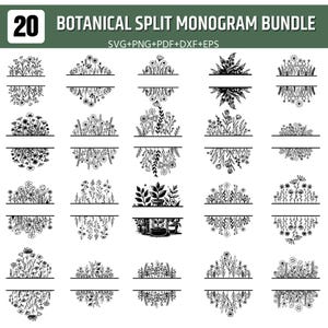 Könnte beinhalten: Ein schwarz-weißes botanisches Split-Monogramm-Bundle mit 20 Designs. Jedes Design zeigt florale Elemente oberhalb und unterhalb einer horizontalen Linie, ideal für die Personalisierung. Der Text "BOTANICAL SPLIT MONOGRAM BUNDLE" steht oben.