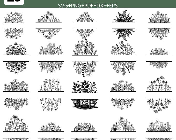 20 Botanical Split Monogram SVG Bundle, Floral Frame Clipart PNG, Wildflower Name Frame Cut Files for Cricut, Laser Engraving, Wedding Decor