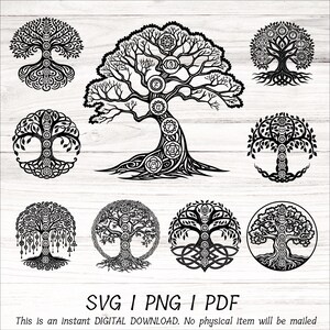 Puede incluir: Conjunto de ocho ilustraciones digitales en blanco y negro de diseños de árbol de la vida con símbolos de chakras. Archivos SVG, PNG y PDF.