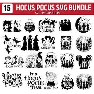 Peut inclure: Une collection numérique de 15 designs graphiques en noir et blanc sur le thème Hocus Pocus aux formats SVG, PNG, PDF et EPS. Les images présentent des silhouettes et illustrations de trois sorcières, chaudrons, lunes, chauves-souris et textes.
