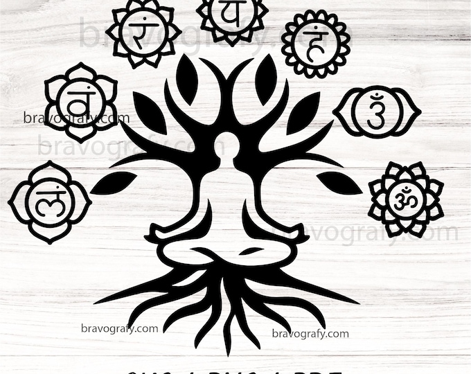 7 Chakras tree root SVG, Namaste Clipart, Yoga SVG, Chakra Symbols SVG, Meditation cut file, Digital Cut File,  Cricut Eps Png Dxf htv, dtf