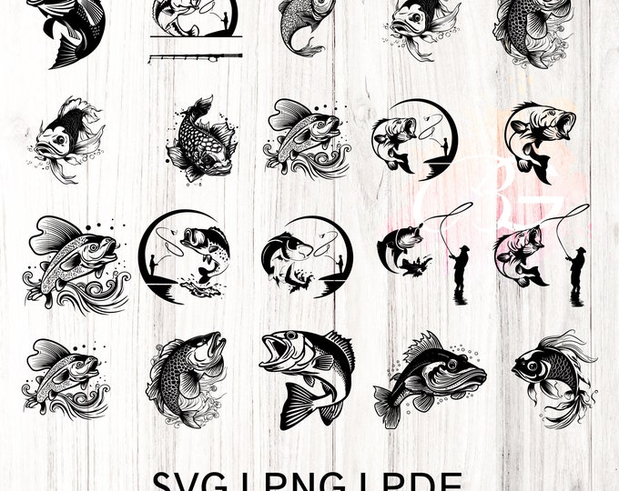 Bass Fishing Svg Bundle, Fishing Svg Bundle, Bass Fish Svg, Bass Clipart, Bass Vector, Bass Cut file, Fish Svg, Fish Hook Svg, Fishing PNG
