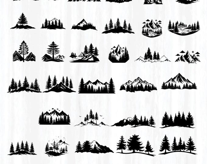 Mountain trees Svg Bundle, hand drawn tree svg, Forest Tree svg, Mountains File For Cricut, Travel Svg, Outdoors Adventure Svg