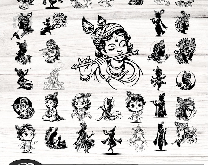 35 Lord Krishna svg bundle, Indian Worship Stickers, Krishna Laser Cut, Cricut, Silhouette, Krishna T-Shirt Design, hindu SVG, Krishna PNG