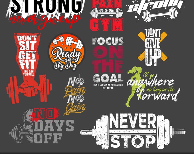 11 Workout SVG png PDF Bundle, Gym png Bundle, Fitness TShirt png, Motivational PNG, Workout Shirt png, Gym Quotes, Gym Cut File