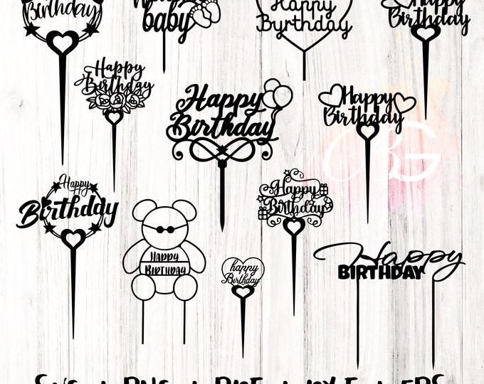 Happy Birthday Cake Topper Svg, Birthday  Svg, cake Svg Cricut, Silhouette Svg, birthday Topper Svg, Birthday topper cut file