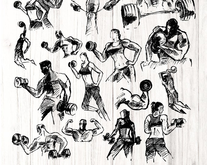 15 Hand Drawn Workout SVG png PDF Bundle, Gym png Bundle, Fitness TShirt png, Motivational PNG, Workout Shirt png, Gym hustle, Gym Cut File