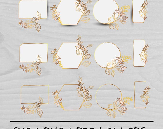 Golden frames bundle, Border-frames, Wedding invite card frames, Gold border bundle, Digital floral clipart PNG, Instant download
