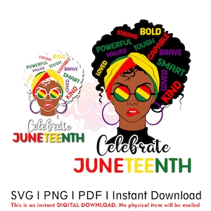 May include: Celebrate Juneteenth with this digital download featuring a black woman with an afro wearing a colourful headwrap and sunglasses. The design includes the words "Celebrate Juneteenth" and a list of positive attributes like "strong", "bold", "capable", "loved", and "kind".