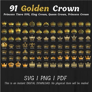 91 Golden Crown SVG, Princess Tiara SVG, King Crown, Queen Crown, Princess Crown, For Cricut, For Silhouette, Cut Files, Png, Svg Files