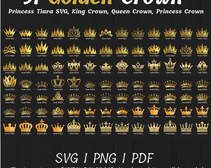 91 Golden Crown SVG, Princess Tiara SVG, King Crown, Queen Crown, Princess Crown, For Cricut, For Silhouette, Cut Files, Png, Svg Files