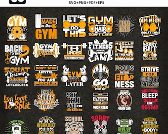30 Gym SVG Bundle | Fitness Quotes  | Workout Motivation Cut Files | Cricut & Silhouette Designs | Gym T-Shirt Sublimation | DTF Print