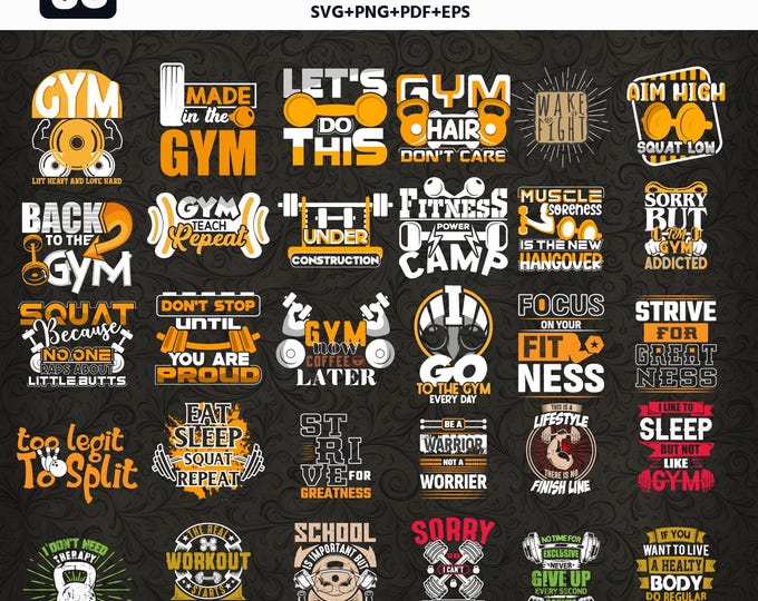 30 Gym SVG Bundle | Fitness Quotes  | Workout Motivation Cut Files | Cricut & Silhouette Designs | Gym T-Shirt Sublimation | DTF Print