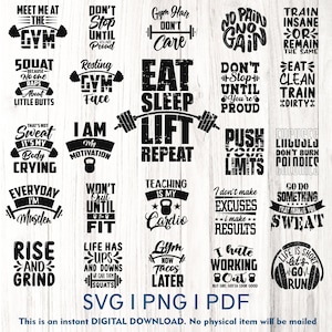 24 Training SVG-Bundle, Fitnessstudio SVG-Bundle, Fitness SVG, Übung SVG, Motivations-Svg, Workout-Shirt svg, Fitnessstudio-Zitate svg, Gym Cut-Datei