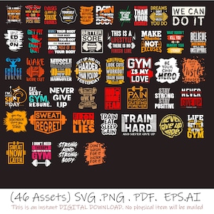 46 Bundle di file PDF SVG e PNG per allenamento in palestra, Bundle di file PNG per palestra, Maglietta fitness in formato PNG, Bundle Mega PNG motivazionali, Citazioni per magliette da allenamento, File di taglio per palestra