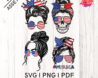 4th of July Messy Bun Hair SVG | Patriotic Mom Bun Cut File | USA Independence Day Digital Download