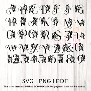 蝶のモノグラムアルファベットと数字 SVG、PNG、モノグラムフレームアルファベット、Cricut用カットファイル、シルエット、26個の個別カットファイル