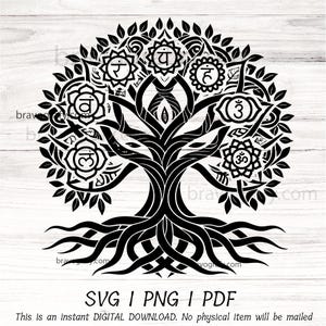 May include: Black and white illustration of a tree with seven chakras represented by symbols within the branches. The tree has a thick trunk and intricate roots.