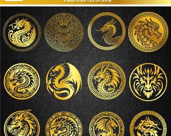 Golden Dragon SVG Bundle, Chinese Dragon pdf, Dragon PNG Bundle, Fantasy Dragon Clipart, Dragon Head SVG, Mandala Dragon