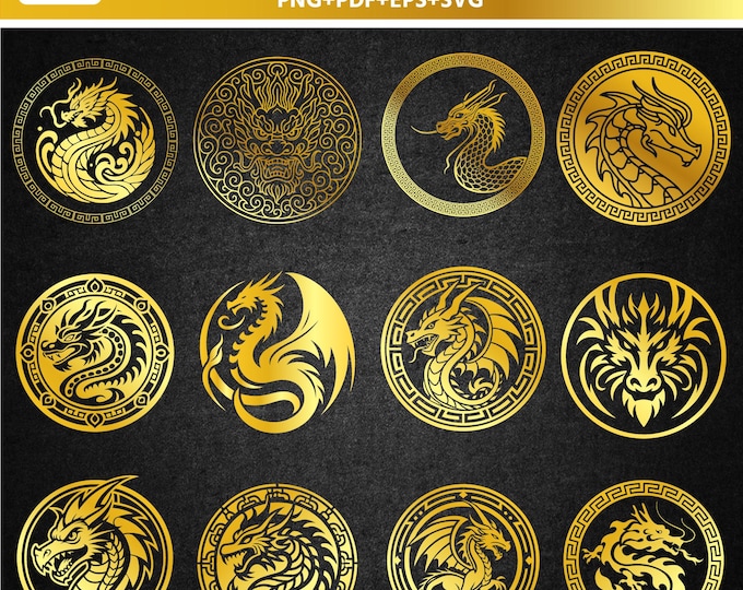 Golden Dragon SVG Bundle, Chinese Dragon pdf, Dragon PNG Bundle, Fantasy Dragon Clipart, Dragon Head SVG, Mandala Dragon