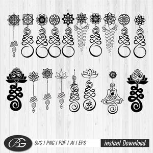 Ensemble de 18 symboles bouddhistes Unalome, Breathe Png, Eps, AI, pdf, Breathe Svg, le chemin de la vie vers l'éveil png, fichier de coupe yoga, aum png thumbnail