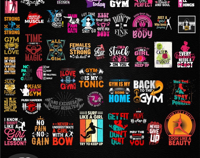 51 Girls Workout SVG png PDF Bundle, Gym png Bundle, Fitness TShirt png, Motivational Mega PNG bundle, Workout Shirt Quotes, Gym Cut File