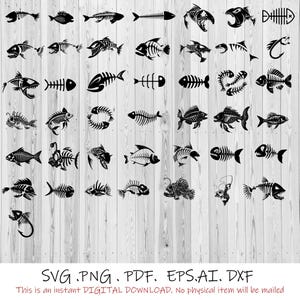 Skeleton Fish Svg Bundle, 43 fish, Fishing Svg Bundle, set of 43, bones Fish Svg, Bass Clipart, skeleton Cut file, Fish Svg, Fishing PNG