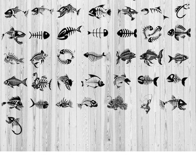 Skeleton Fish Svg Bundle, 43 fish, Fishing Svg Bundle, set of 43, bones Fish Svg, Bass Clipart, skeleton Cut file, Fish Svg, Fishing PNG