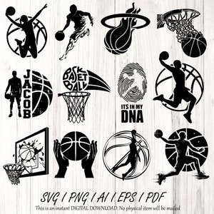 Paquete de 12 diseños de baloncesto SVG y PNG, logotipo del equipo, archivos Cricut, archivos Silhouette, archivos de corte, archivos PNG para Silhouette, Cricut