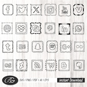 Ensemble d'icônes de médias sociaux dessinés à la main, ensemble SVG PNG PDF, ensemble d'icônes de médias sociaux, pack svg d'icônes de médias sociaux, icônes de médias sociaux svg