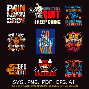Workout DTF Sublimation Bundle | Gym SVG | Fitness SVG | Exercise SvG | Motivational Gym Quotes | Workout Shirt Design | gym Cut Files