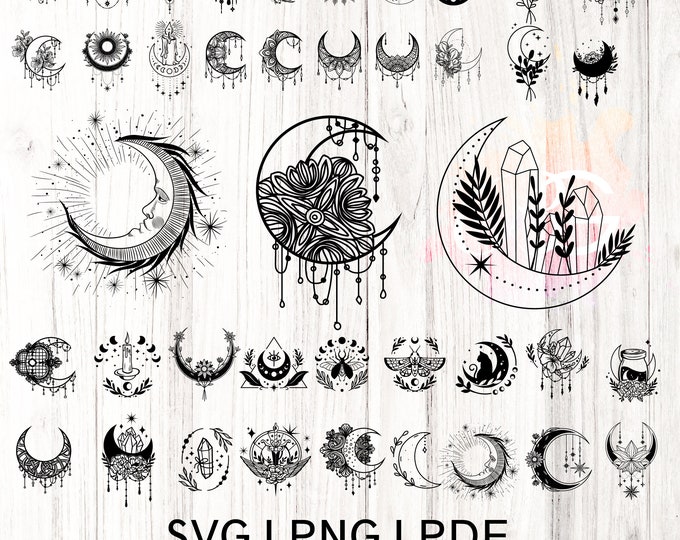 Mystical Moon SVG Bundle | Celestial Mandala Moon Clipart | Digital Download for Cricut, Silhouette | PNG, JPEG, SvG, | Boho Tattoo Design