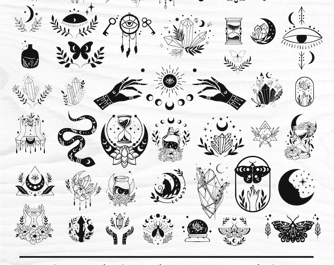 50 Witchy SVG Bundle | Celestial Magic Clipart | Moon Crystal Snake Eye SVG | Boho Spiritual PNG | Cricut Silhouette Glowforge Laser Cut