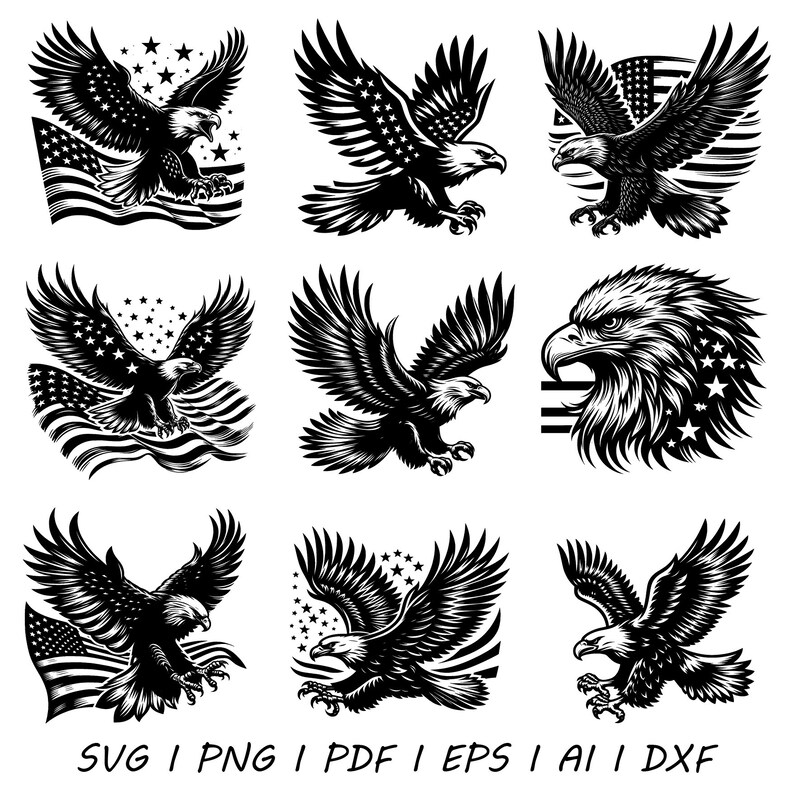 50 Patriotic Bald Eagle SVG Bundle, Distressed American Flag Designs ...