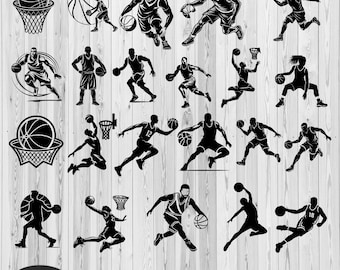 May include: A collection of black and white basketball-themed SVG cut files. The designs feature basketball players in various action poses, basketball hoops, and basketballs. The image includes the text "SVG | PNG | PDF | AI | EPS" and "instant Download".