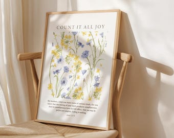 James 1:2-4 Count it all joy Scriptures Art Bible Print Art Minimalist Watercolor floral Modern Christian Home Decor Encouraging Christian