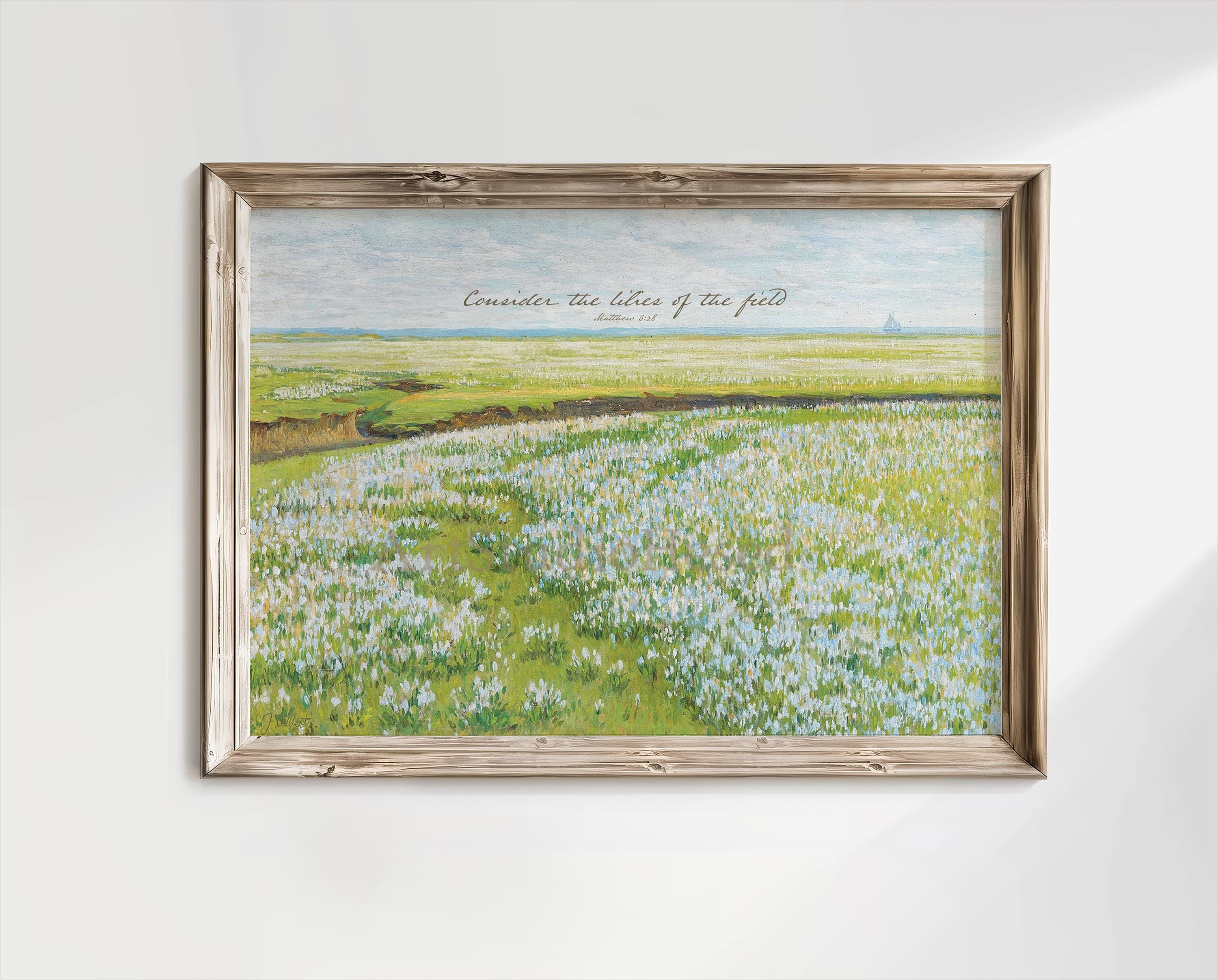 Consider the lilies Wildflower field Matthew 6:28 Vintage Painting Christian Scriptures Art Modern Christian Home Decor Biblical Art Prints