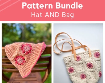 Granny Square Bag AND Hat Crochet Pattern Bundle, Crochet sun hat, crochet shoulder bag, crochet handbag, granny square hat, summer hat, PDF