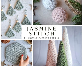 Pack de Noël pack 4 modèles au crochet, Jasmine Stitch Crochet arbres de Noël, Boules au crochet, ornements d'arbre, dessous de plat, modèles PDF