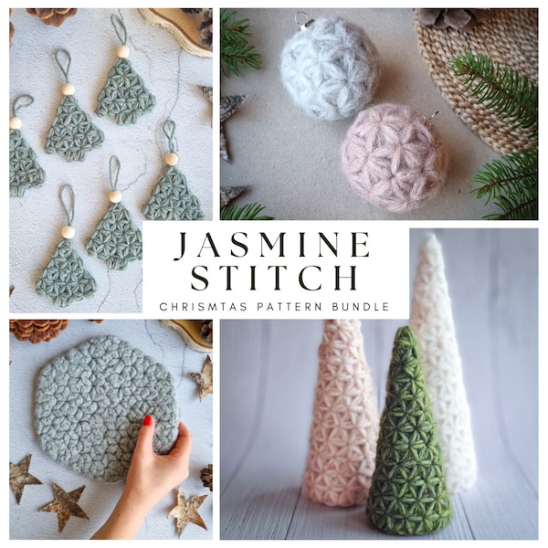 Christmas bundle pack 4 crochet patterns, Jasmine Stitch Crochet Christmas trees, Crochet baubles, tree ornaments, trivet, PDF patterns