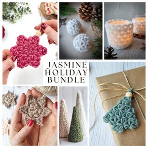 Paquete de 6 patrones de ganchillo con punto jazmín navideño en formato PDF, incluye tutoriales fotográficos. Idioma: inglés.