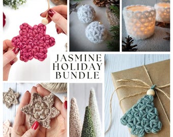 6 Holiday Jasmine Stitch Crochet Patterns, PDF pattern bundle, includes photo tutorials. Language: English.
