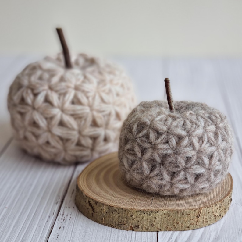 May include: Two crocheted apples, one beige and one brown, with a starburst pattern. The brown apple is sitting on a wooden slice.