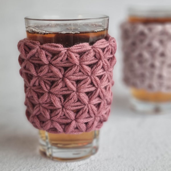 Crochet Cup Cozy Pattern, 2 sizes, Christmas crochet, coffee sleeve, jasmine stitch, holiday gift, mug sleeve pattern, crochet PDF pattern