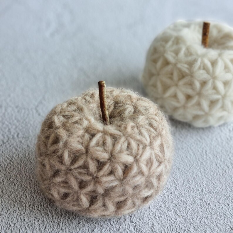 May include: Two crocheted apples, one brown and one white, with a twig stem. The apples are made with a star-shaped stitch.
