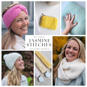 May include: A collection of crochet patterns featuring the "Jasmine Stitch". The patterns include a headband, a hat, a scarf, a coin purse, and a baby teether. The patterns are available as a bundle.